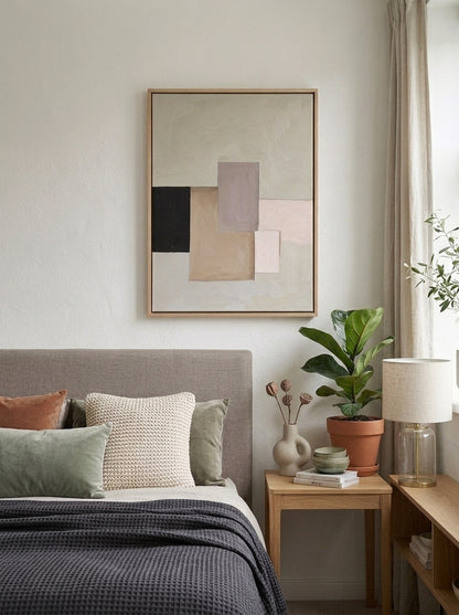 Modern bedroom with a Taupe and Cream Textured Abstract Art Original Painting from Noho Art Gallery, bed, and side table.