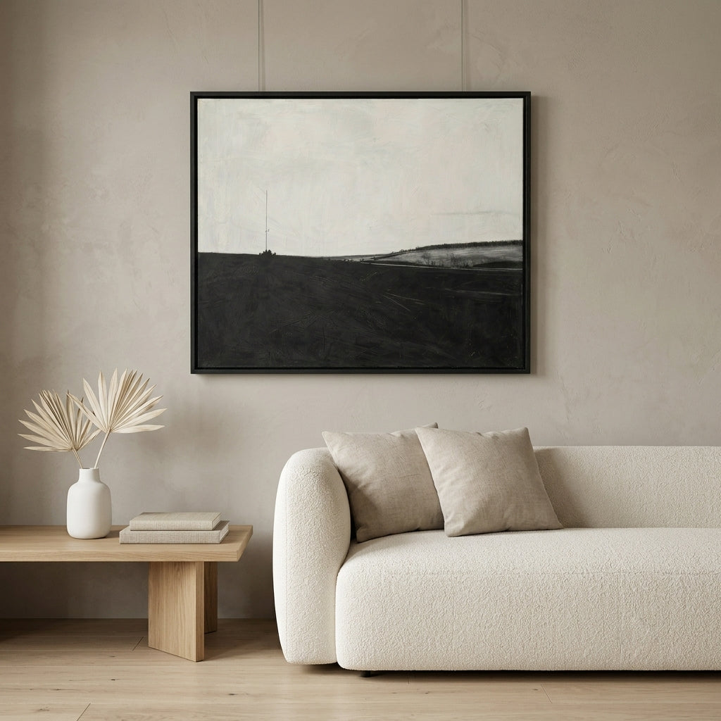 Contemporary monochromatic wall art featuring a minimalist landscape by Noho Art Gallery with a  beige sofa, wooden side table.
