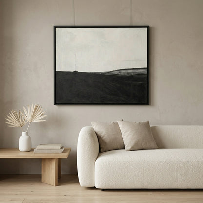 Contemporary monochromatic wall art featuring a minimalist landscape by Noho Art Gallery with a  beige sofa, wooden side table.