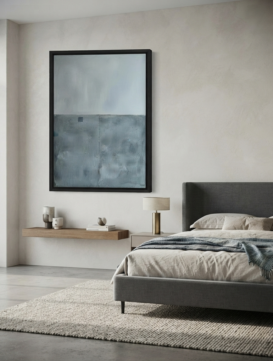 Framed Contemporary textured blue gray canvas art for minimalist interiors by Noho Art Gallery with a black frame hangs on a textured beige wall above a modern gray bed in a minimalist bedroom setting.