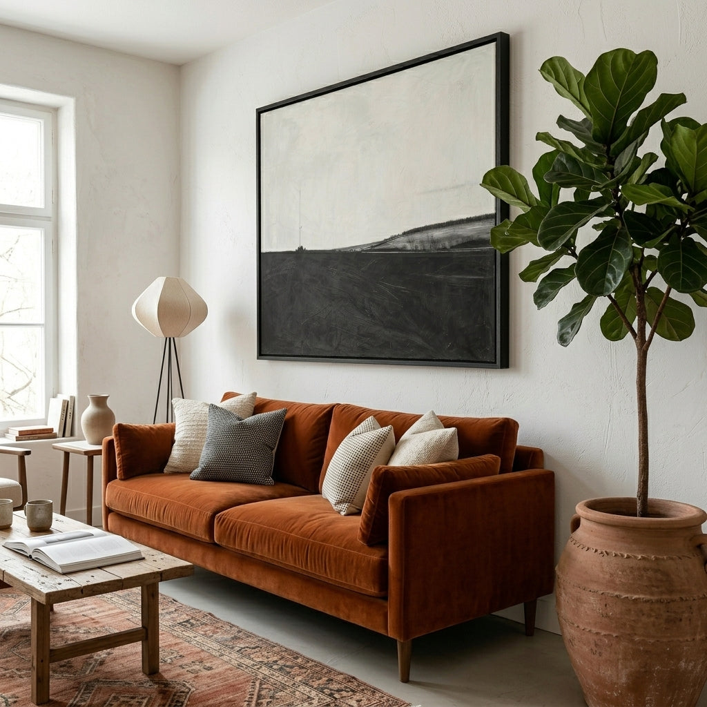 Cozy living room with a brown sofa, coffee table, and a framed Elegant black and white minimalist wall art from Noho Art Gallery