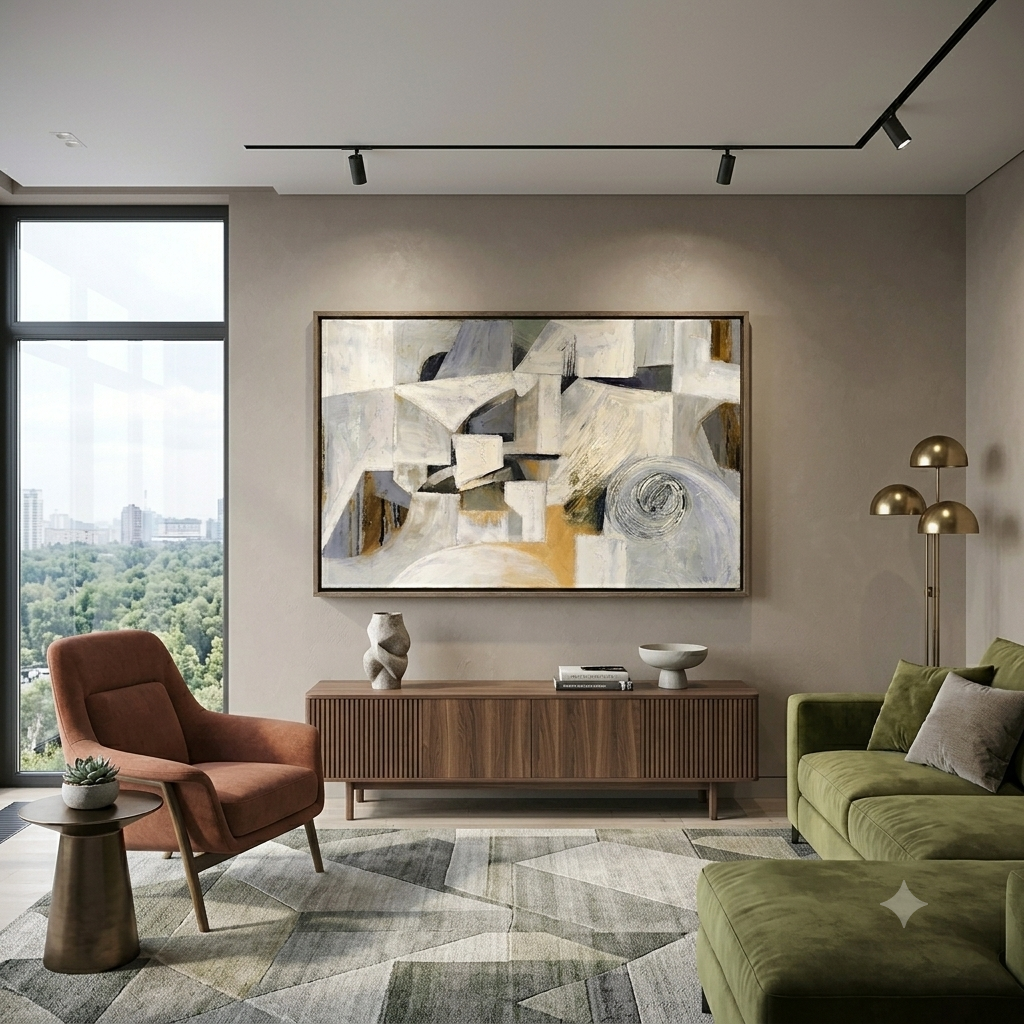 Modern living room with Modern abstract wall art for living room featuring architectural forms and soft textures, furniture, and decor. Noho Art Galery