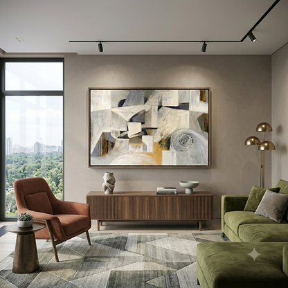 Modern living room with Modern abstract wall art for living room featuring architectural forms and soft textures, furniture, and decor. Noho Art Galery