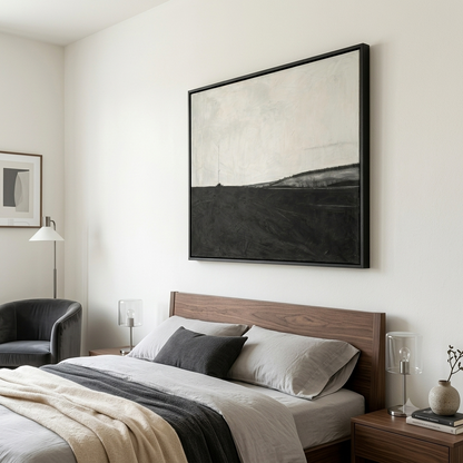 Modern bedroom with a bed, nightstands, and Textured monochrome landscape oil painting by Noho Art Gallery on the wall