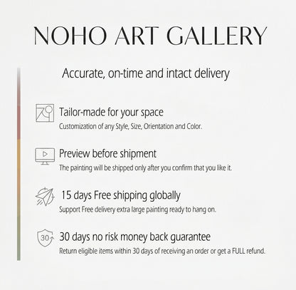 Promotional text for Noho Art Gallery with delivery and customization information on a white background.