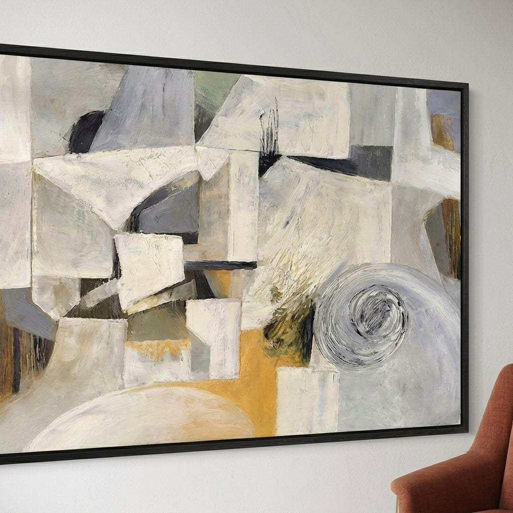 Oversized abstract wall art with organic shapes and minimalist neutral palette by Noho Art Gallery on a white wall, featuring a brown chair.