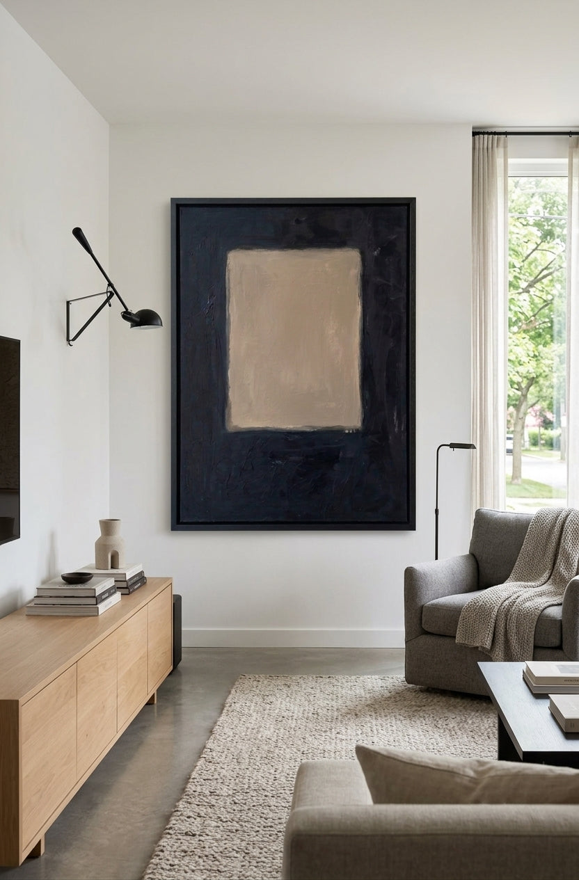 Large Minimalist Abstract Canvas Art, black and beige contemporary painting by Noho Art Gallery on a contempporary and modern living room decor.
