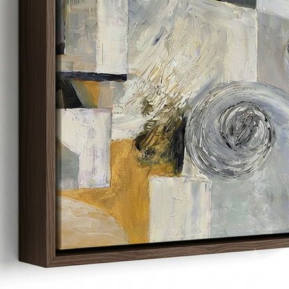 Beige abstract painting for neutral home decor and modern living spaces with swirling patterns and a brown frame on a white background
