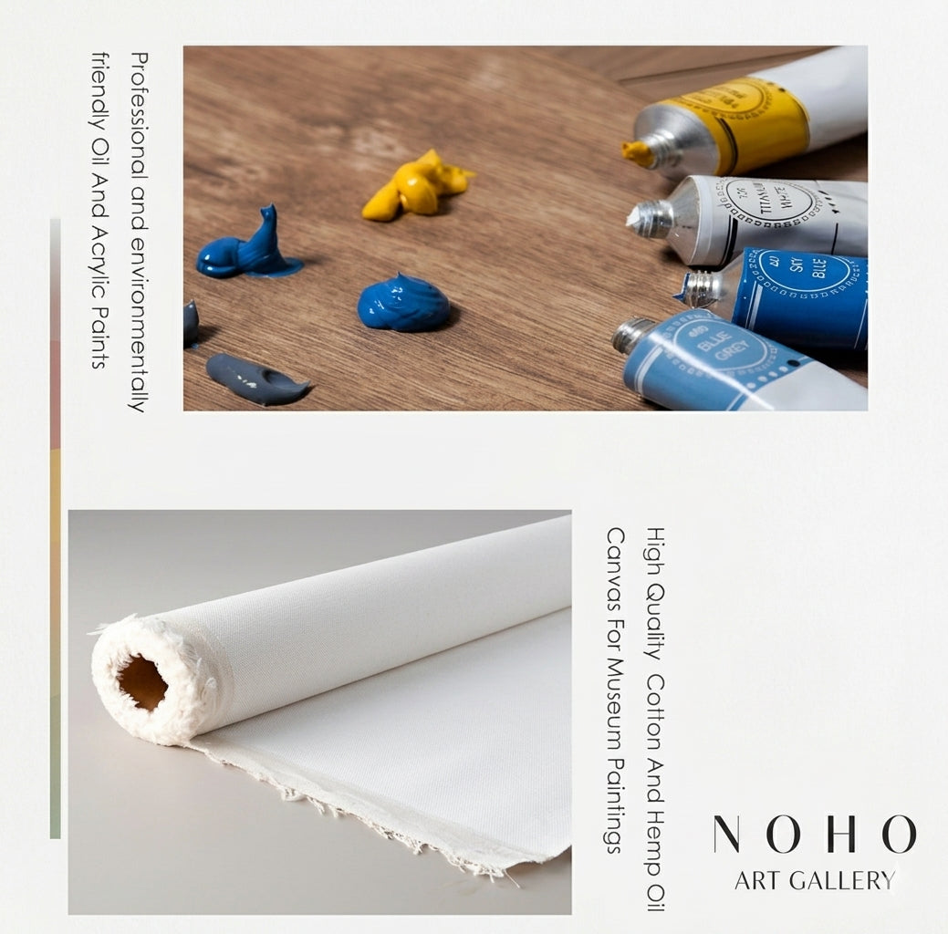 Oil and acrylic paint tubes with small amounts of paint on a wooden surface, accompanied by a roll of canvas. Noho Art Gallery Art Gallery branding is visible.