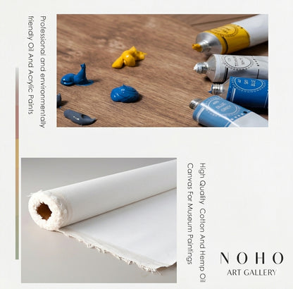 Oil and acrylic paint tubes with small amounts of paint on a wooden surface, accompanied by a roll of canvas. Noho Art Gallery Art Gallery branding is visible.