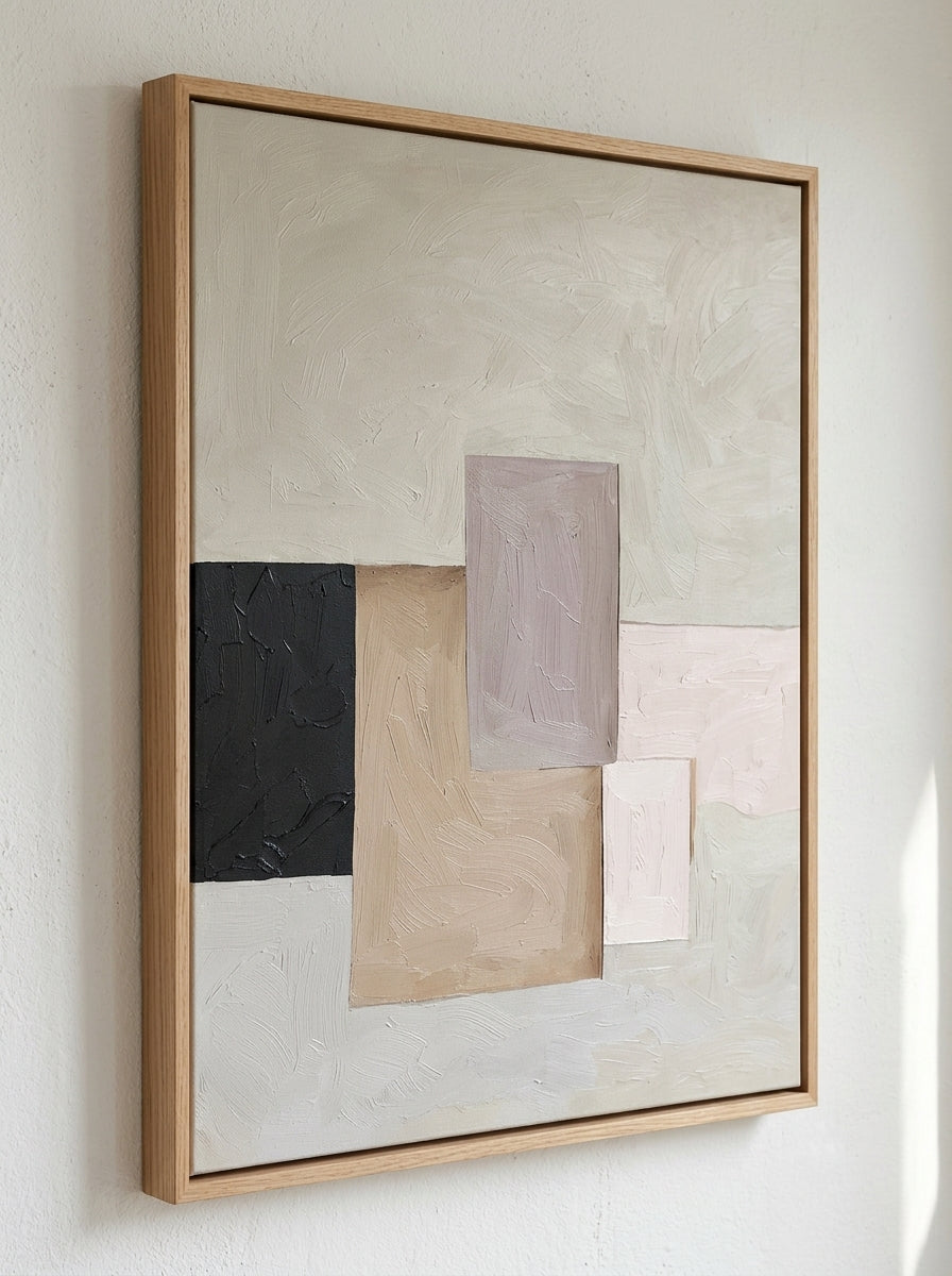 Contemporary Geometric Painting for Home Office by Noho Art Gallery with geometric shapes in a wooden frame on a light wall.