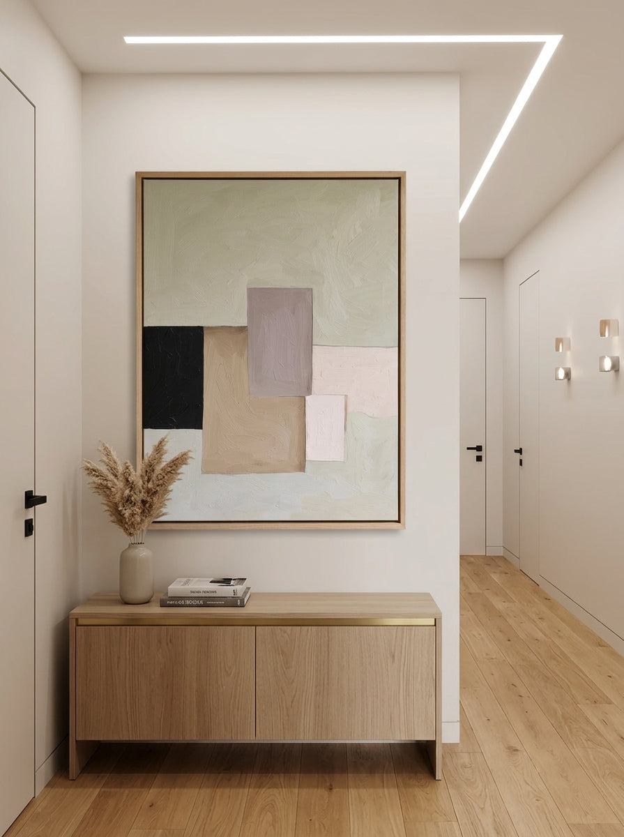 Modern interior with framed Original Impasto Geometric Art Canvas in Neutral Earth Tones from Noho Art Gallery and wooden cabinet