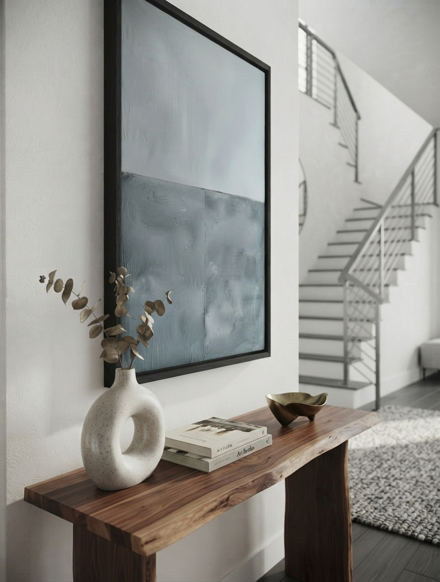Affordable minimalist abstract wall decor with premium textured canvas by Noho Art Gallery with a black frame hangs on a white wall above a rustic wooden console table. The artwork features a textured, painterly design in shades of gray and blue.