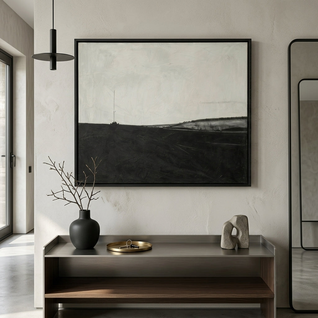 Modern interior with a framed Large monochromatic landscape canvas art by Noho Art Gallery, vase, and sculpture on a console table.