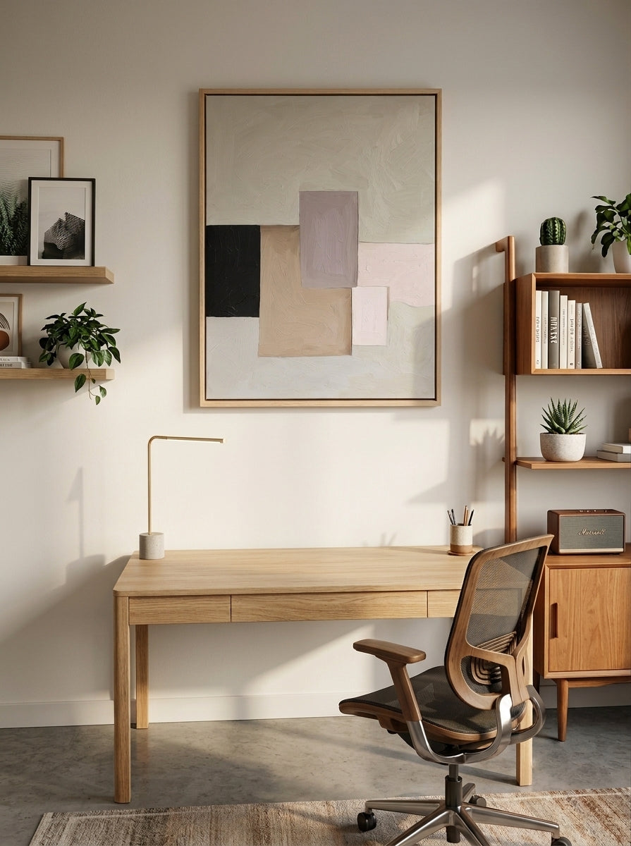 Home office with wooden desk, chair, and framed Soft Blush and Beige Geometric Wall Art Original by Noho Art Gallery