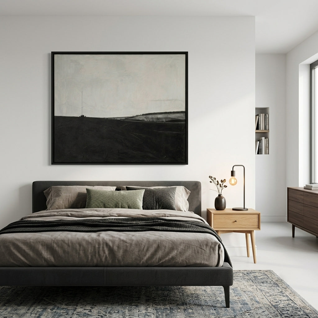 Modern bedroom with a bed, nightstand, and Minimalist black and white scenery painting for modern home decor by Noho Art Gallery on the wall