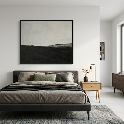 Modern bedroom with a bed, nightstand, and Minimalist black and white scenery painting for modern home decor by Noho Art Gallery on the wall