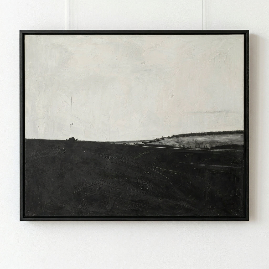 Framed Modern minimalist landscape artwork with monochromatic tones by Noho Art Gallery on a white wall