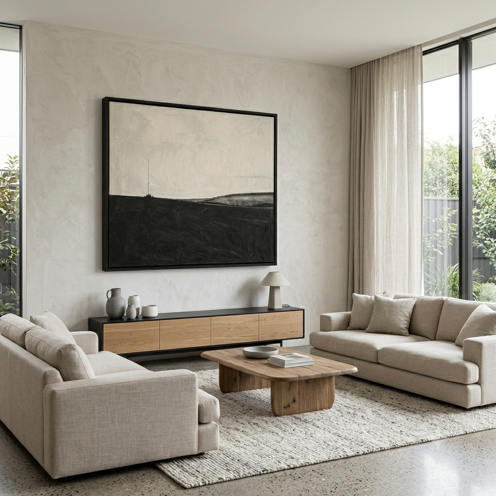 Modern minimalist living room featuring a large original art painting in black and neutral tones above a sleek wood media console, paired with contemporary linen sofas, a natural wood coffee table, and textured decor. Elegant unique wall art creates a sophisticated focal point in this luxury interior design space. Original art paintings and exclusive contemporary artwork by Noho Art Gallery enhance the serene, modern aesthetic.