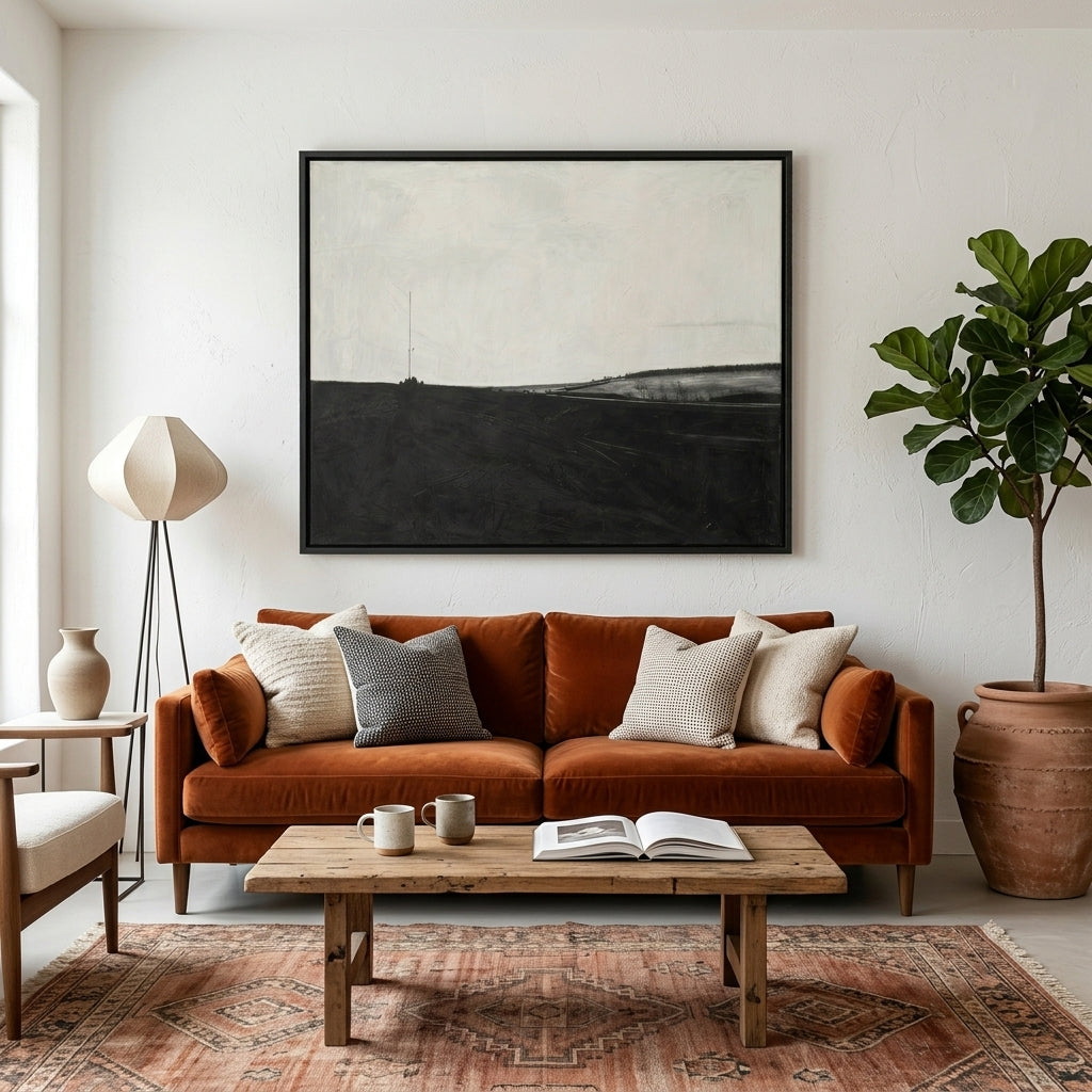 Cozy living room with a brown sofa, wooden coffee table, and a Hand-painted monochrome landscape artwork by Noho Art Gallery