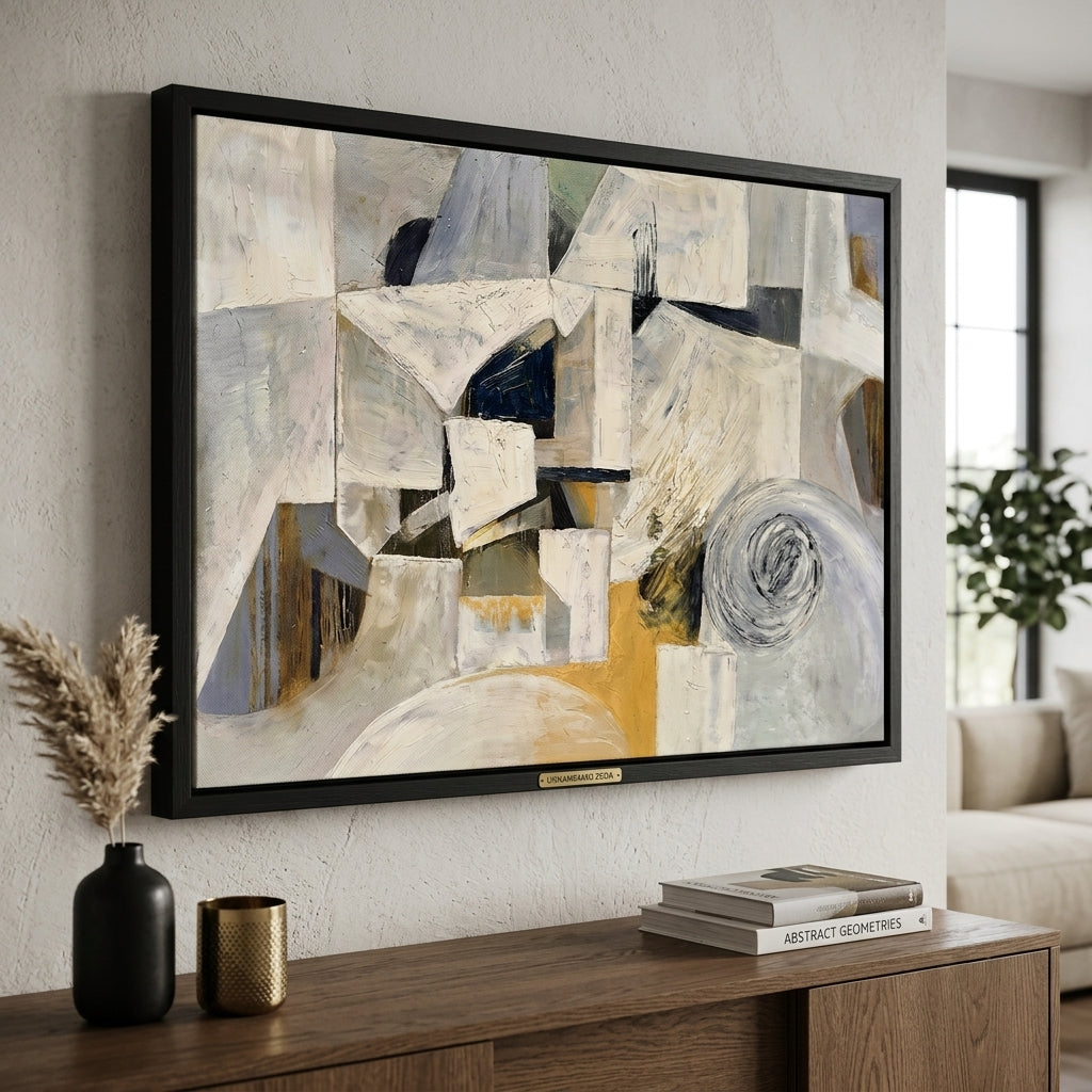 Large Neutral Abstract Wall Art Painting by Noho Art Gallery featuring luxury contemporary abstract design in neutral colors in a modern living room setting with decor items on a console table.