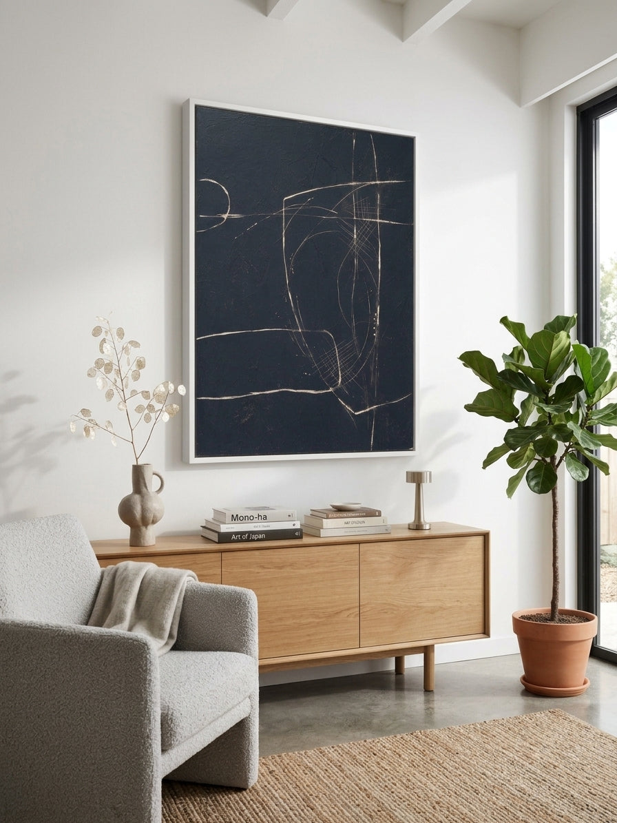Large dark moody abstract original artwork by Noho Art Gallery on a modern living room wall decor.