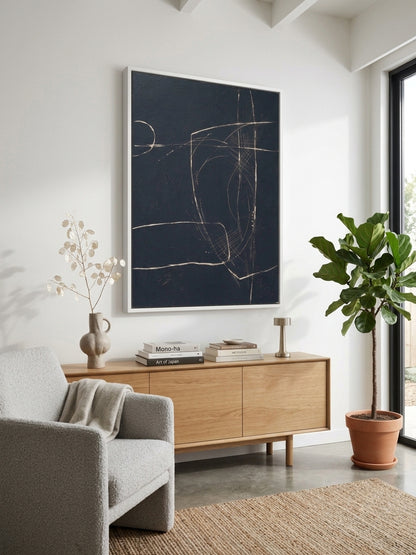 Large dark moody abstract original artwork by Noho Art Gallery on a modern living room wall decor.