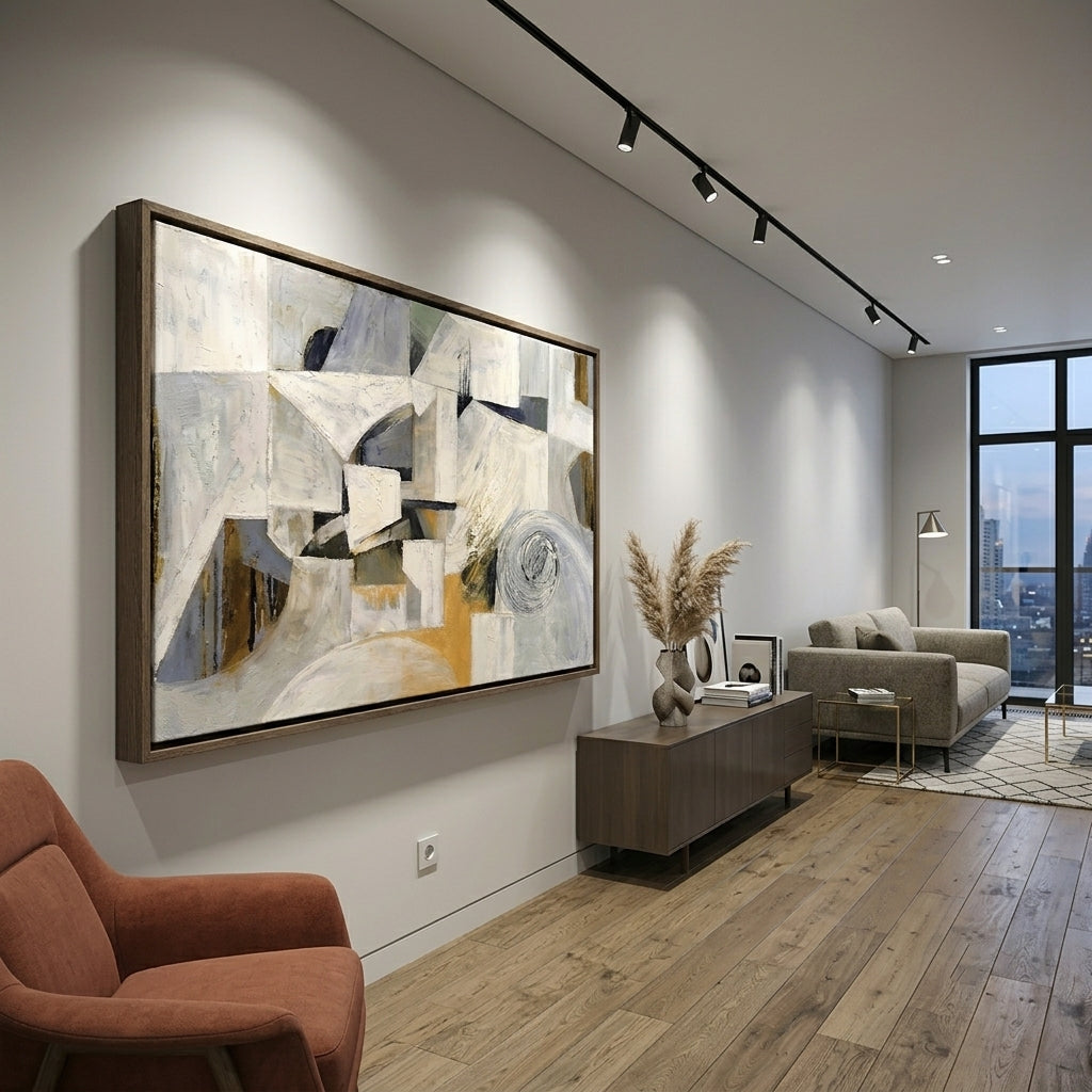 Modern living room with Abstract painting for living room with neutral colors and contemporary geometric composition by Noho Art Gallery