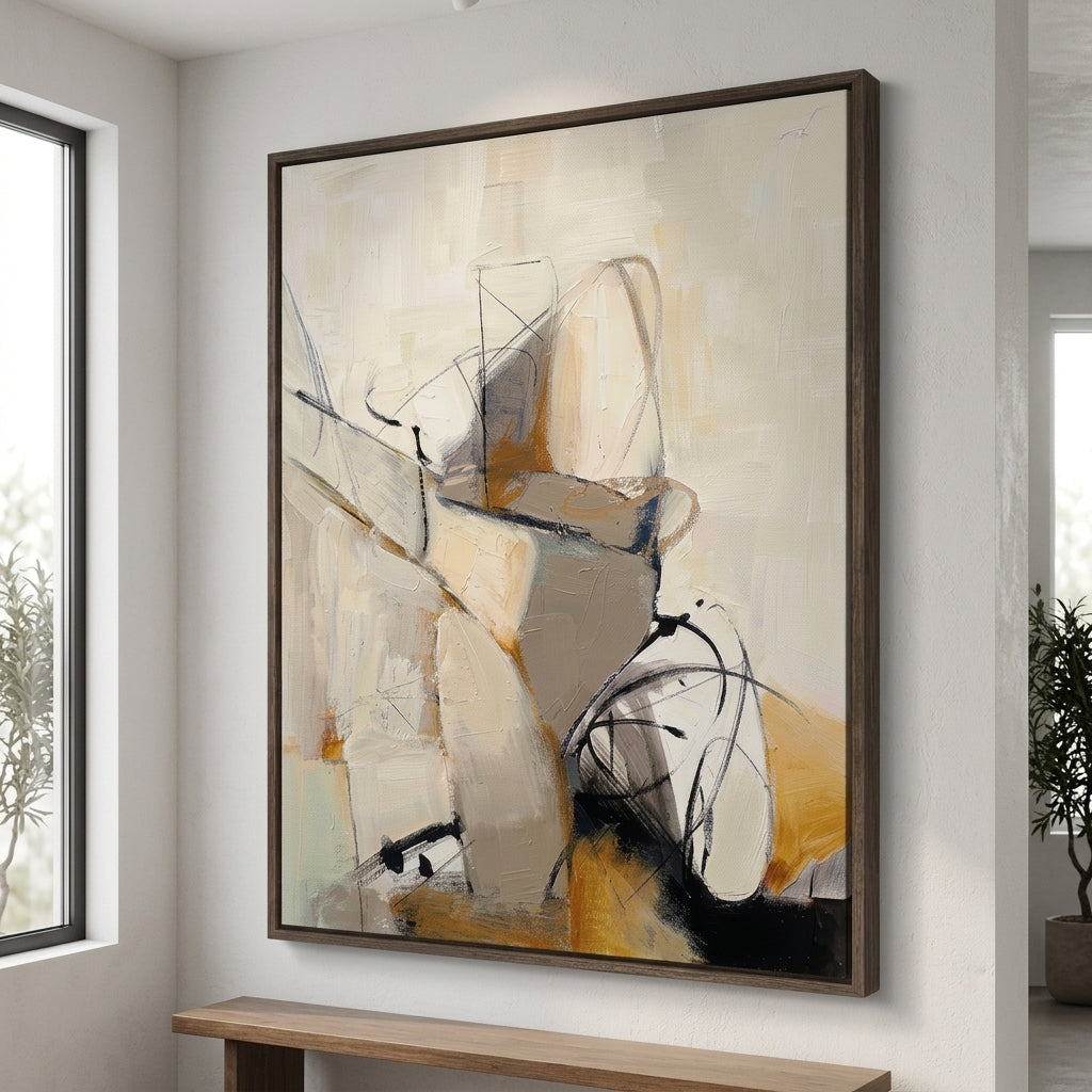 Framed Contemporary Neutral Abstract Painting by Noho Art Gallery in Earth Tone Textured Oil on Canvas