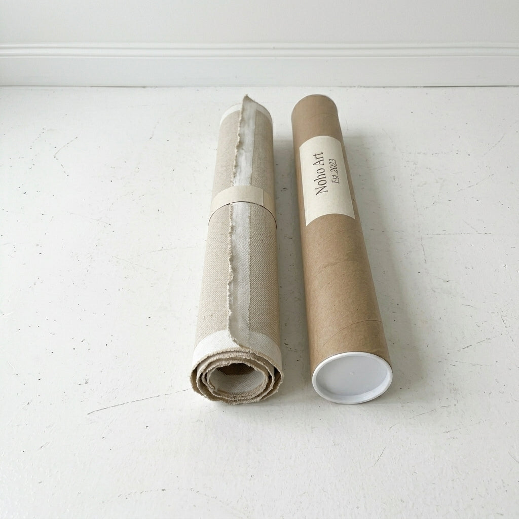 Large neutral abstract wall art painting on canvas rolled with Nobo Art Gallery branding on a white 