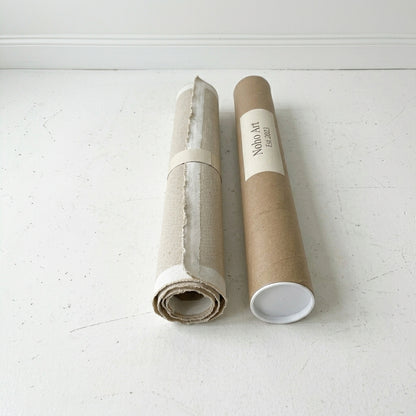Large neutral abstract wall art painting on canvas rolled with Nobo Art Gallery branding on a white 