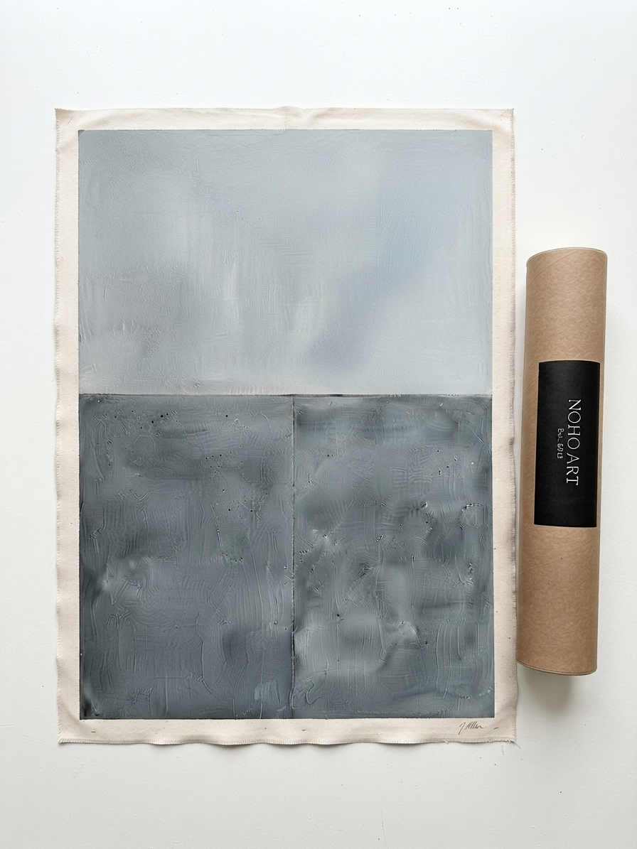 Modern large abstract canvas art in blue and gray with rich texture by Noho Art Galler with a cream border, featuring a split gray composition, shown next to a brown cardboard tube labeled 'Noho Art`