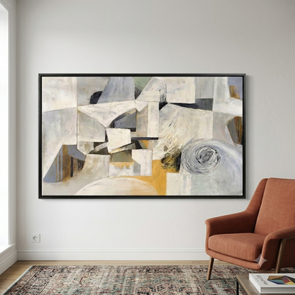 Contemporary abstract painting in beige and gray tones for modern home decor on a wall above a brown armchair in a room by Noho Art Gallery