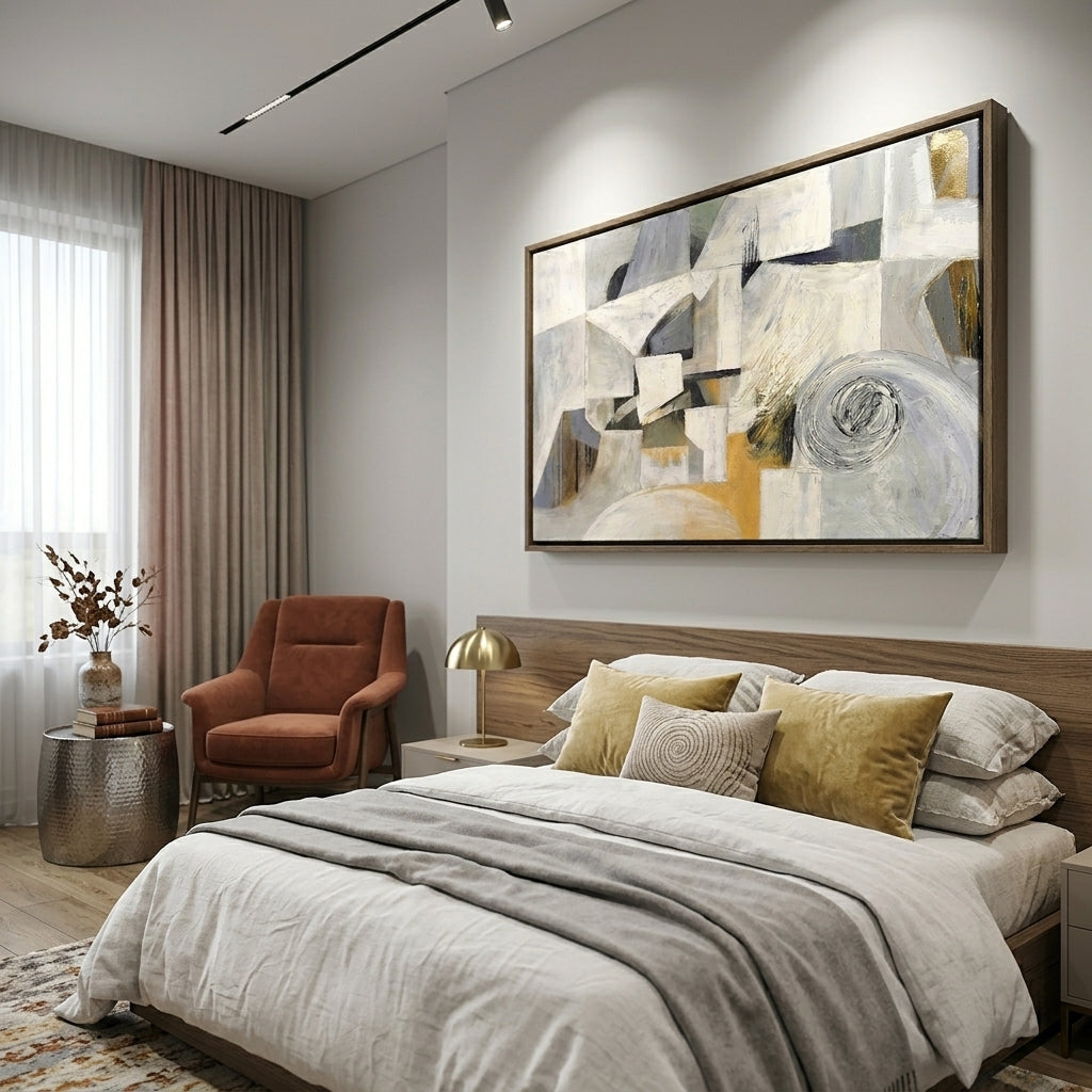 Modern bedroom with a bed, armchair, and  Large Neutral Abstract Wall Art Painting by Noho Art Gallery featuring contemporary geometric forms and soft beige tones on the wall.