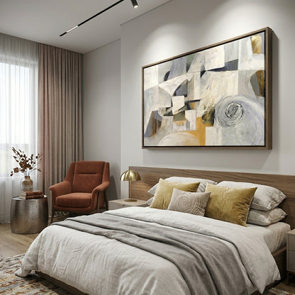 Modern bedroom with a bed, armchair, and  Large Neutral Abstract Wall Art Painting by Noho Art Gallery featuring contemporary geometric forms and soft beige tones on the wall.