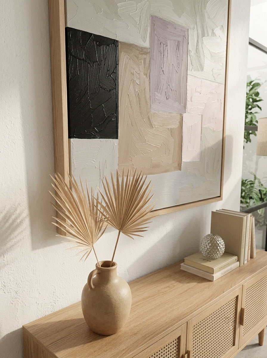 Framed Textured Geometric Abstract Original Painting by Noho Art Gallery, with a Decorative setup with a vase, books, and a mirror on a wooden console table.