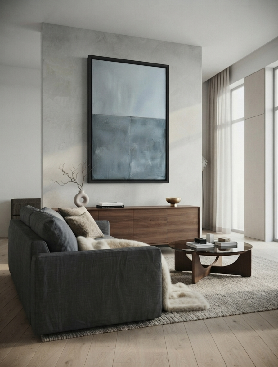 A modern living room featuring a dark gray fabric sofa, a wooden sideboard, a round coffee table, and a Modern gray abstract wall decor featuring textured blue and gray canvas by Noho Art Gallery on a textured concrete wall.