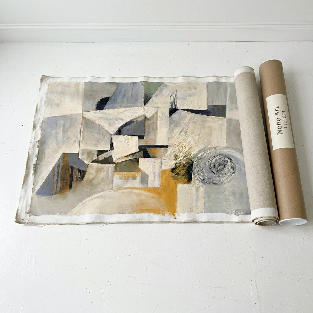 Abstract canvas wall art in contemporary minimalist style on a white surface with a rolled-up paper tube by 'Noho Art Gallery'