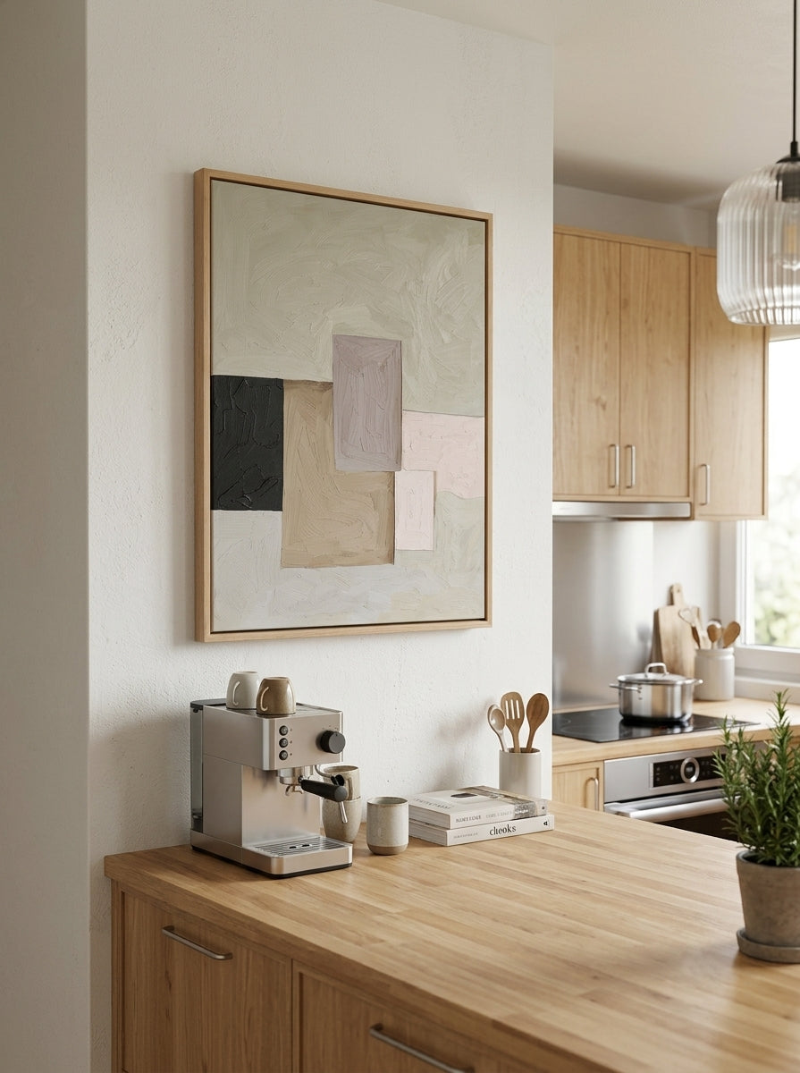 Modern kitchen with wooden countertop, coffee machine, and a framed Neutral Tone Statement Art for Dining Room by Noho Art Gallery