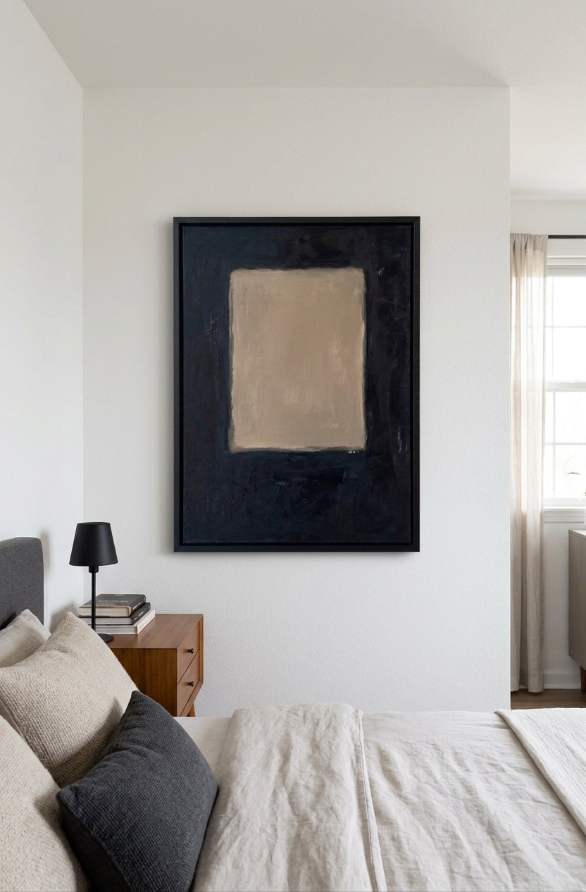 Large Minimalist Abstract Canvas Art, dark charcoal and neutral framed painting by Noho Art Gallery on a bedroom wall art decor.