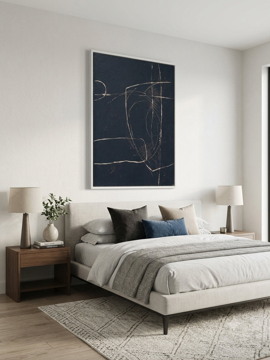 Large dark moody abstract original artwork curated by Noho Art Gallery hanging on top of bed for bedroom wall decor.