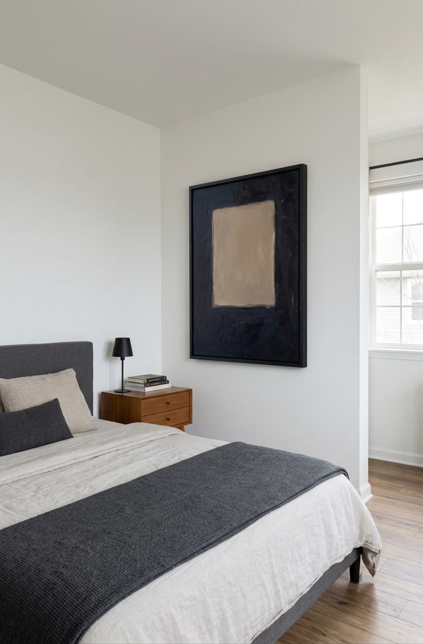 Large Minimalist Abstract Canvas Art, abstract geometric statement piece by Noho Art Gallery on a minimalist bedroom wall art decor.