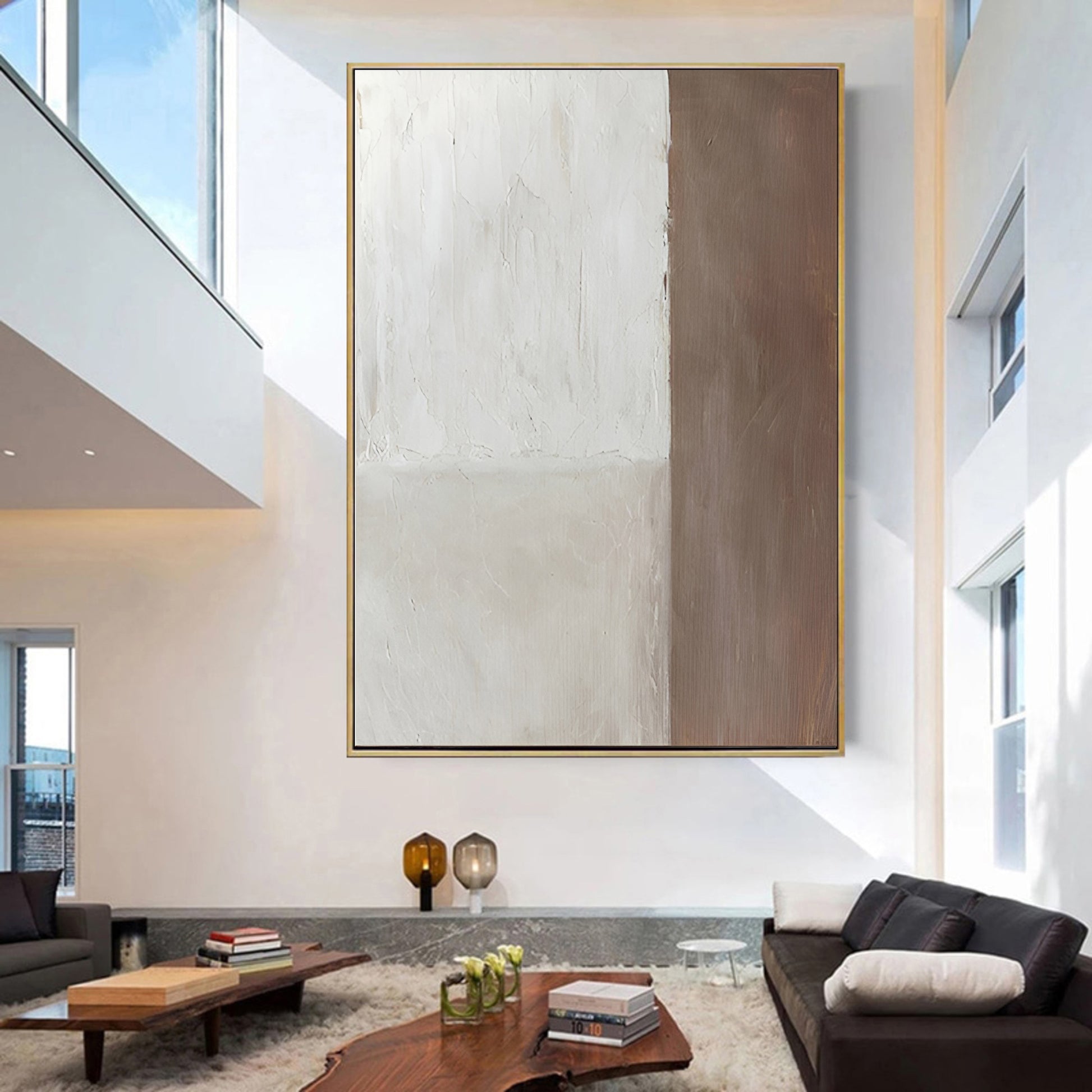 Large White and Brown Wall Art Painting on Canvas