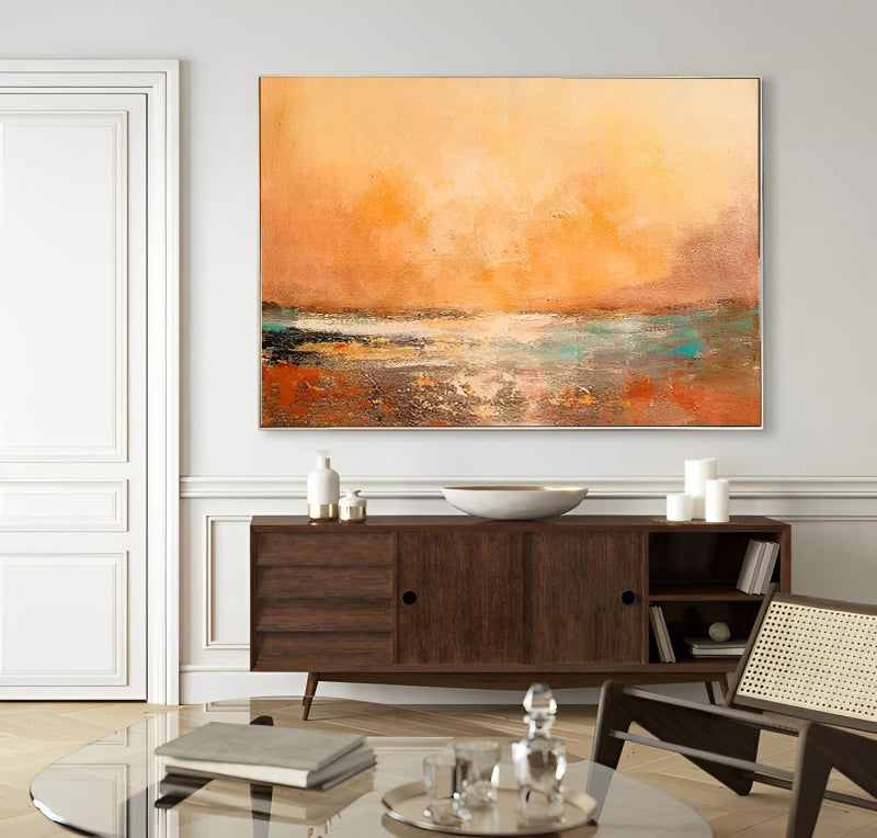 Sunny - Grand tableau sur toile représentant un coucher de soleil vert et orange