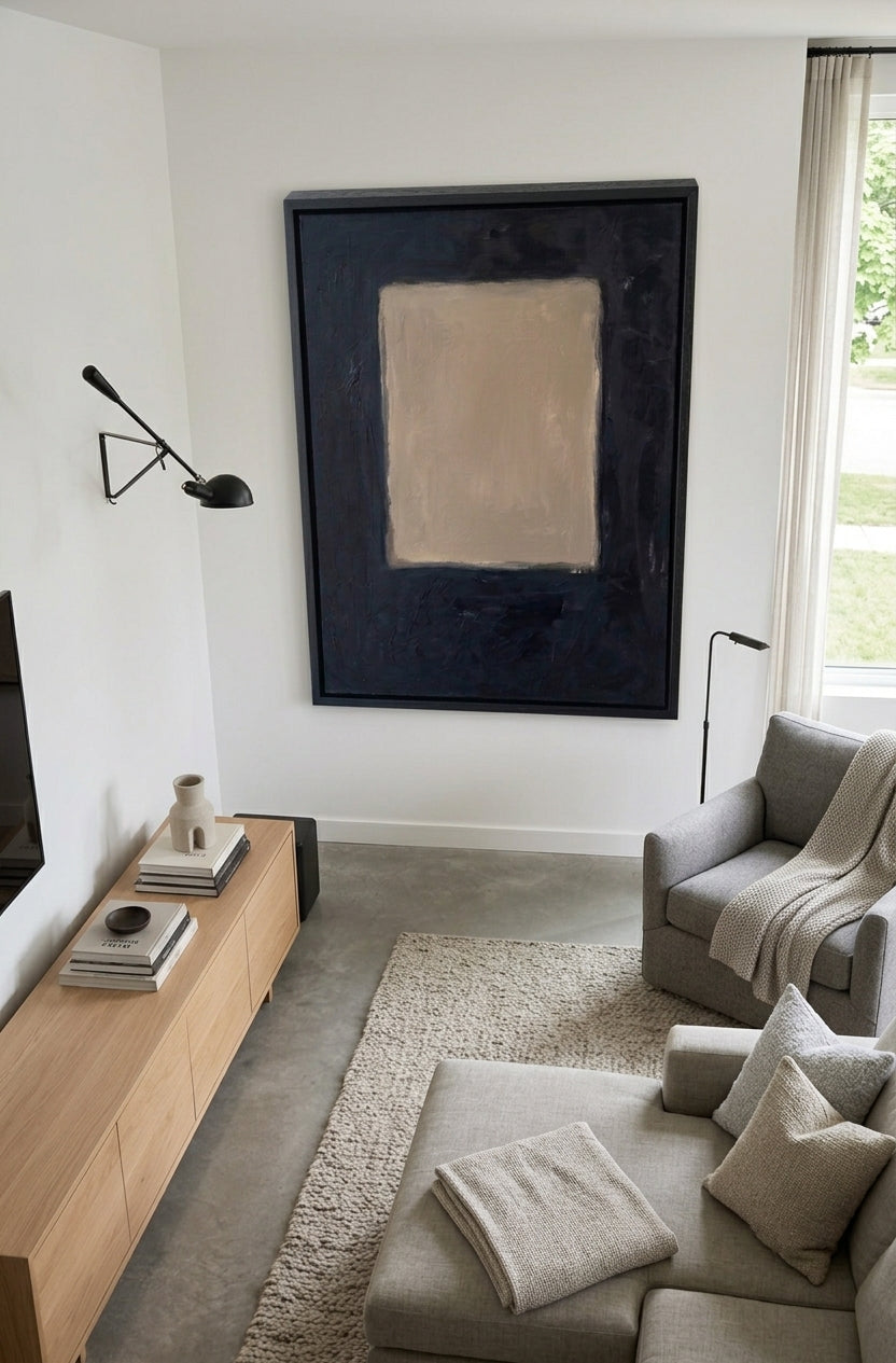 Large Minimalist Abstract Canvas Art, original moody minimalist art by Noho Art Gallery on a modern neutral living room decor