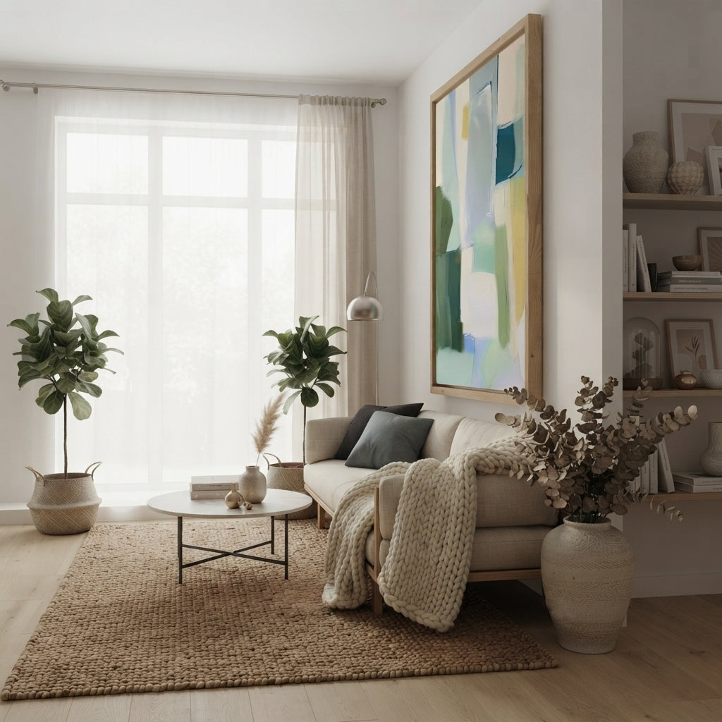 A styled living room interior featuring a beige sofa with a chunky cream knit throw, a round white coffee table, a large woven jute rug, and a prominent framed Large Sage Green and Blue Minimalist Abstract Canvas Painting on the wall by Noho Art Gallery
