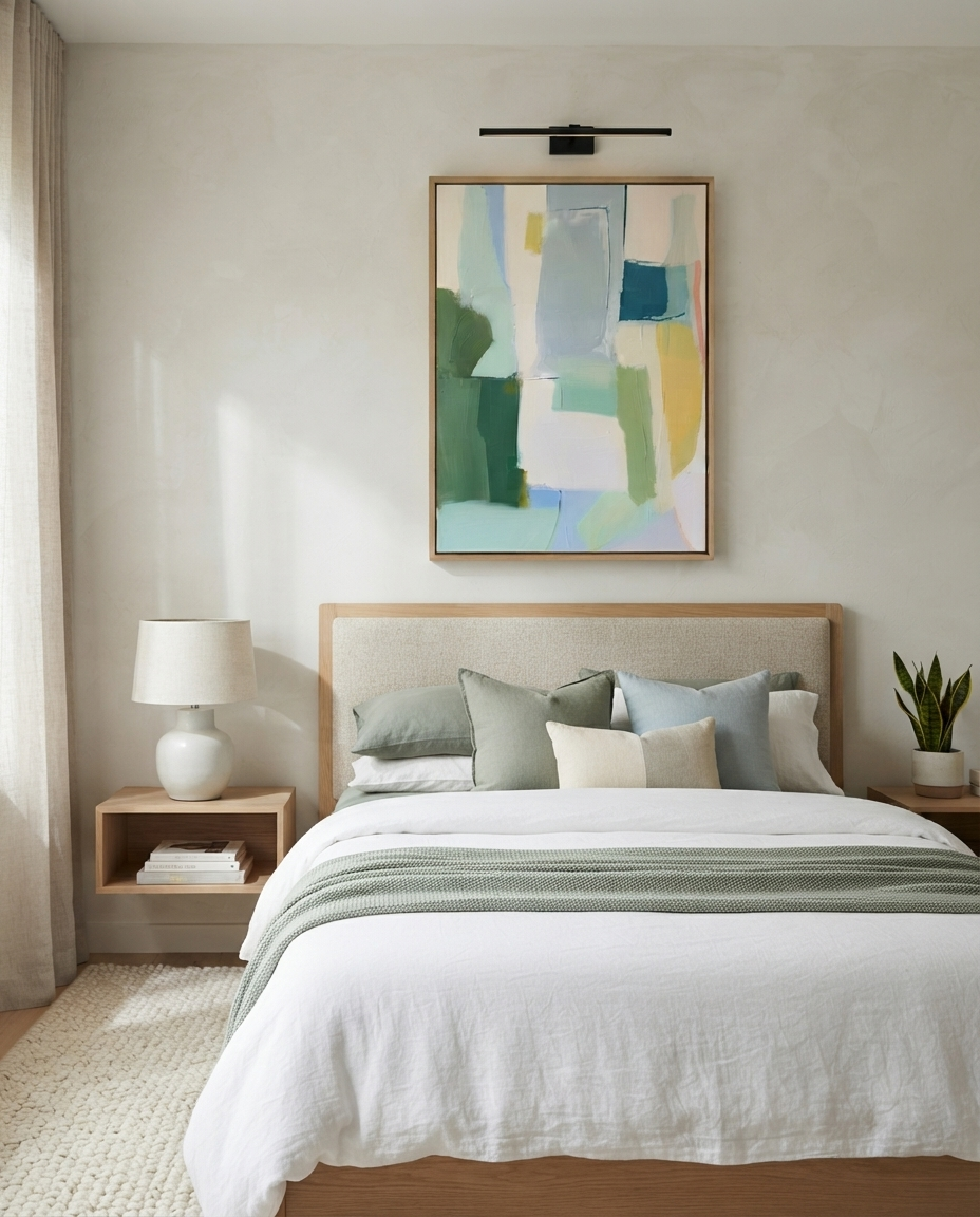A styled bedroom featuring a light wood bed with white bedding, sage green pillows, and a matching sage green throw. Above the bed hangs a framed Large Sage Green and Blue Minimalist Abstract Canvas Painting with green, blue, and yellow geometric shapes.