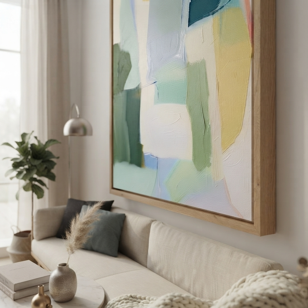 A large framed Large Sage Green and Blue Minimalist Abstract Canvas Painting by Noho Art Gallery with soft pastel blocks of green, blue, yellow, and white, hanging on a light wall above a cream sofa in a bright, modern living room.