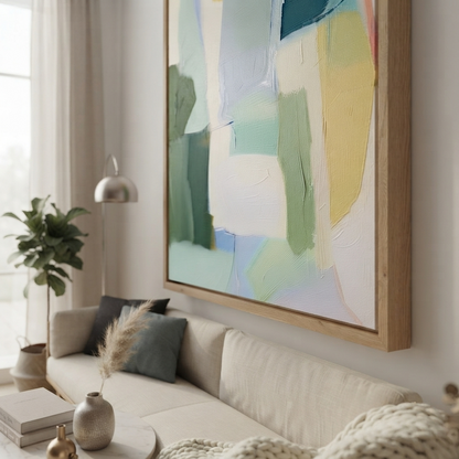 A large framed Large Sage Green and Blue Minimalist Abstract Canvas Painting by Noho Art Gallery with soft pastel blocks of green, blue, yellow, and white, hanging on a light wall above a cream sofa in a bright, modern living room.