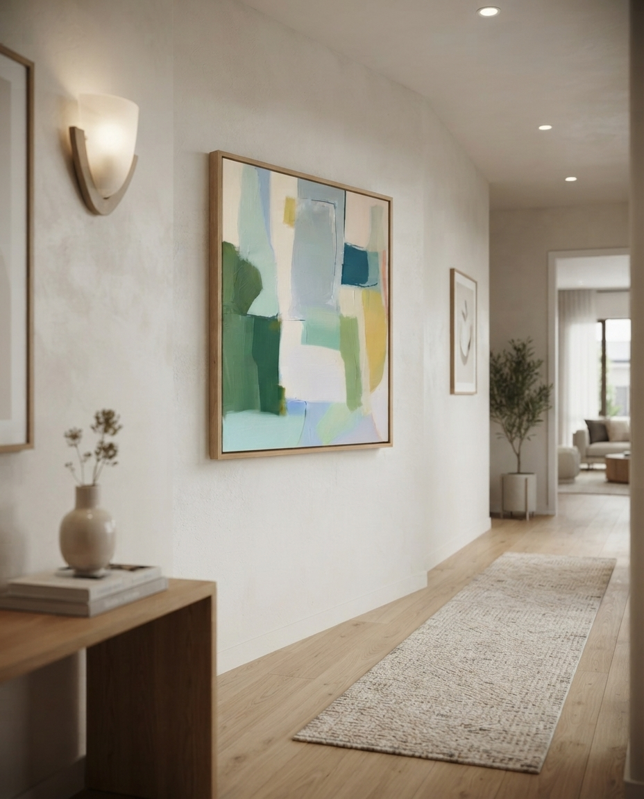 An Large Sage Green and Blue Minimalist Abstract Canvas Painting by Noho art Gallery hanging in a modern hallway with light wood floors, a textured rug, and a wooden console table.